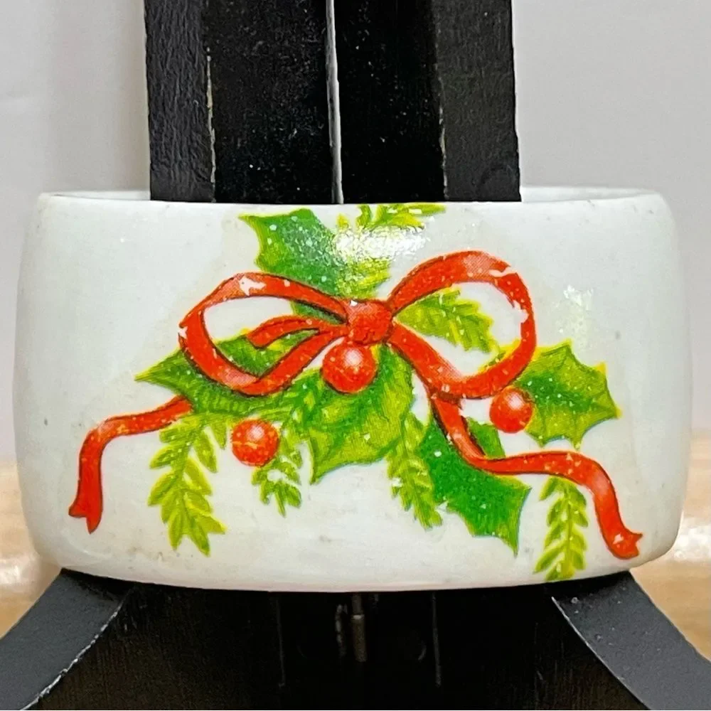 Porcelain Poinsettia & Holly Christmas Napkin Rings Festive Holiday Design 3 Set